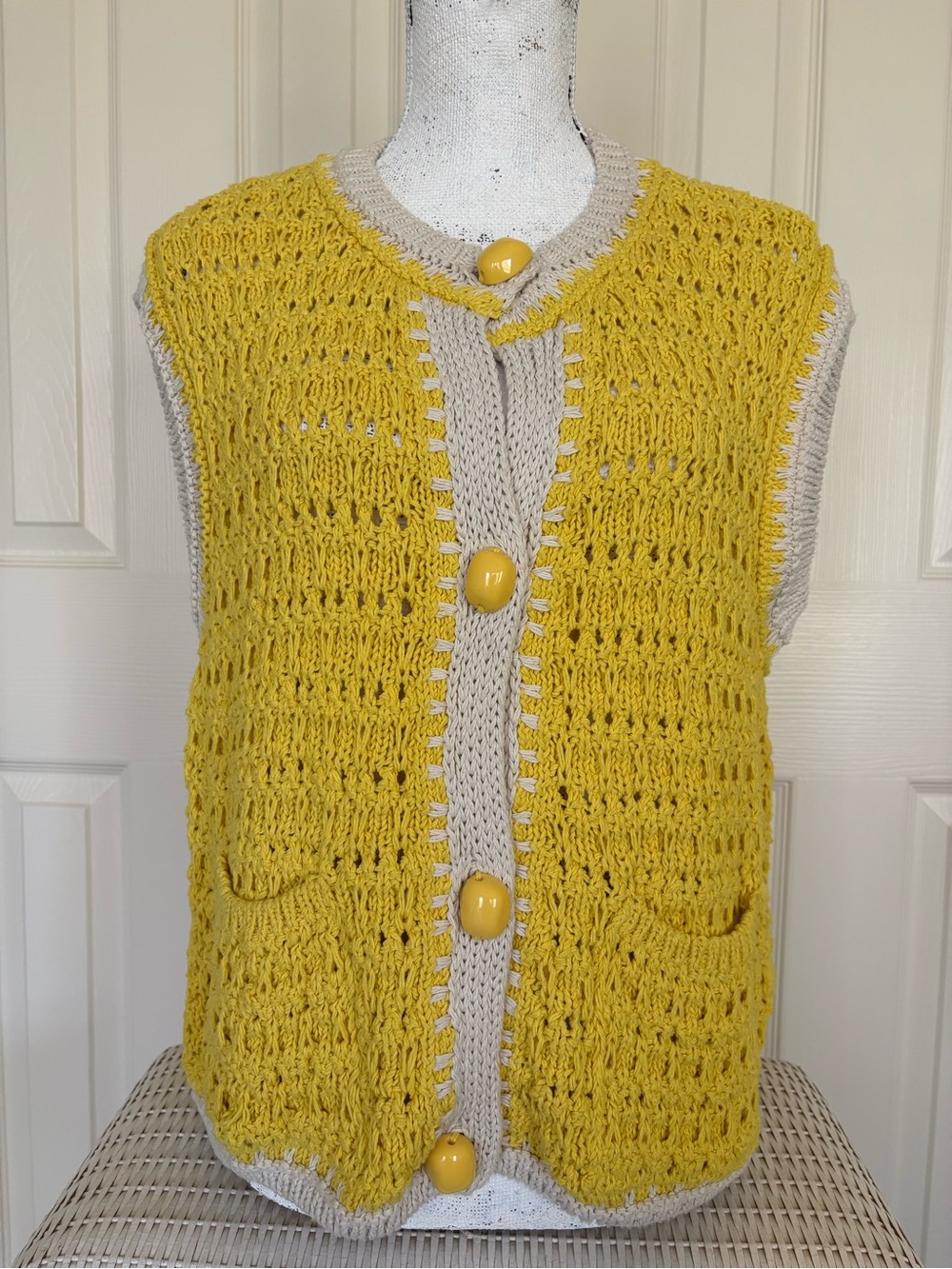 Zara Yellow Crochet Knit Vest with Cream Trim
